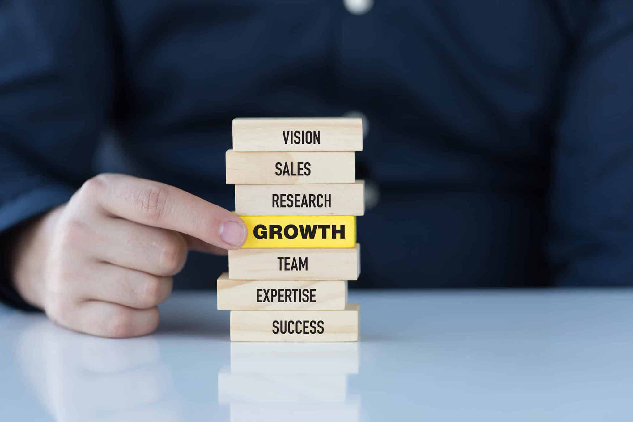 series of blocks with the "growth" block highligted in yellow - digital marketing budget is an investment in the growth of your company